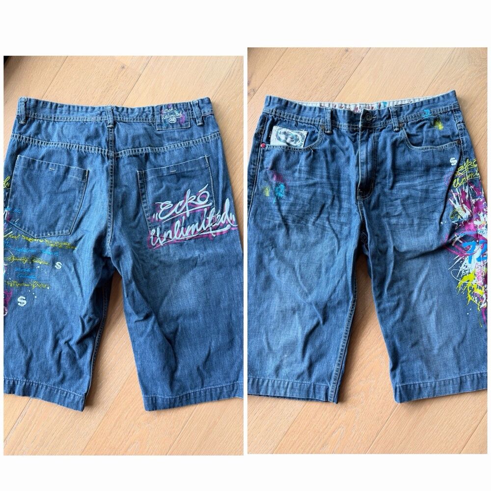 Ecko Jean Denim Shorts Men’s 38 Jorts Embroidery Graffiti Hip Hop Y2K Jeans 90s